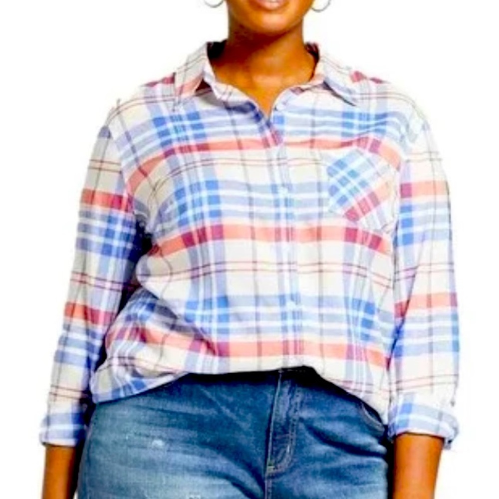 Ava & Viv - Red, White, & Blue Plaid Rayon Button-Down Long Sleeve Top - 3X